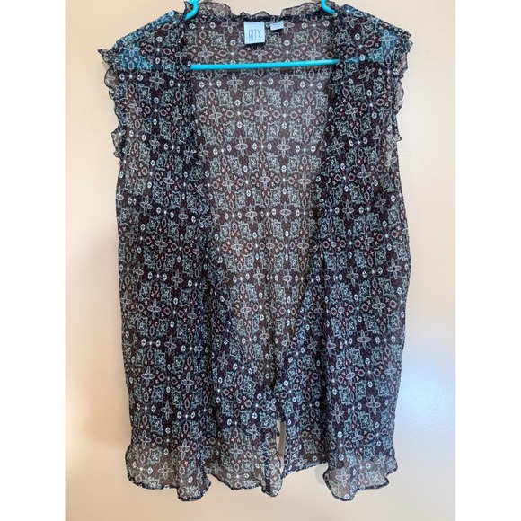 City DKNY Sweaters - City DKNY Womens Sheer Ruffle Tie Front Cardigan Vest Geometric Print Large